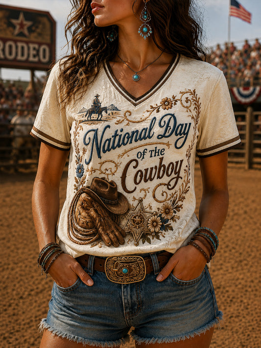 Women’s Retro Western Cowboy Day Print Casual Short-Sleeve T-Shirt.