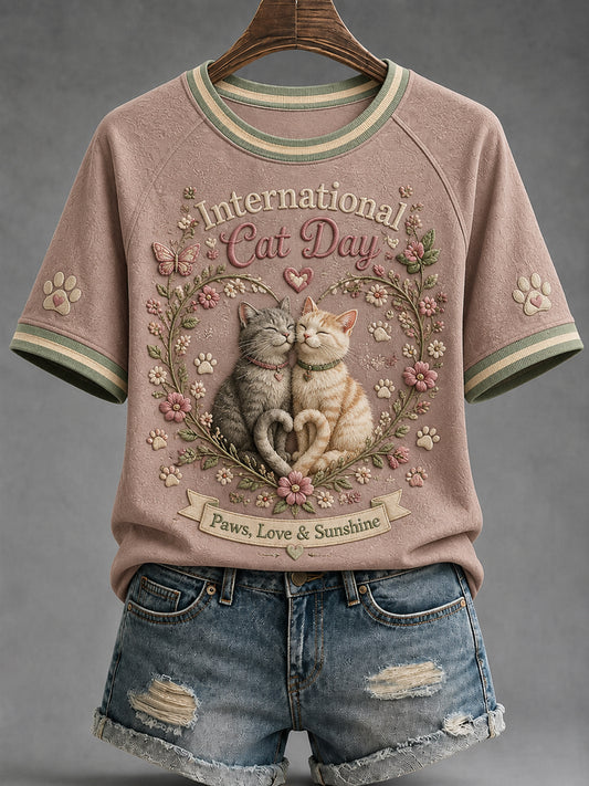 Women’s International Cat Day Printed Casual T-Shirt