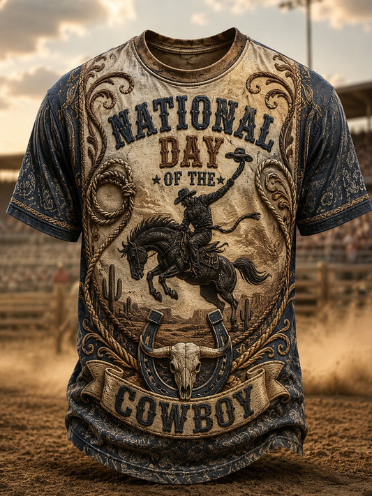 Men’s Retro National Cowboy Day Printed Casual T-Shirt