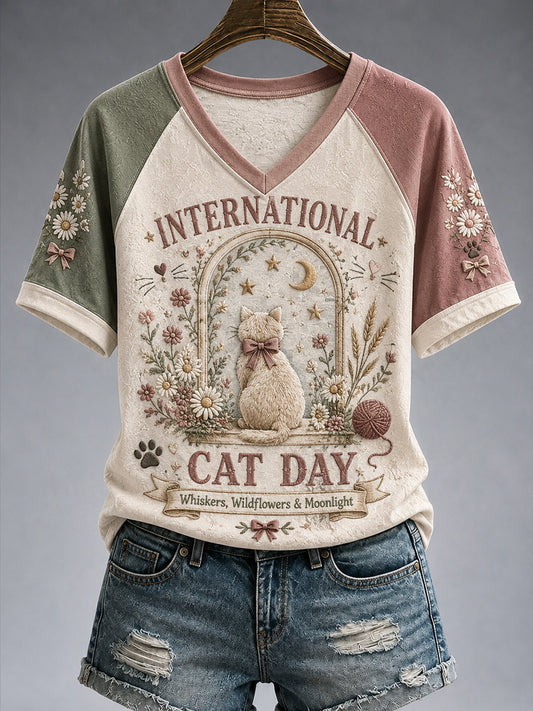 Women’s International Cat Day Printed Casual T-Shirt