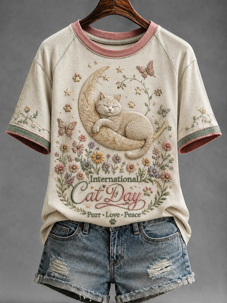 Women’s International Cat Day Printed Casual T-Shirt