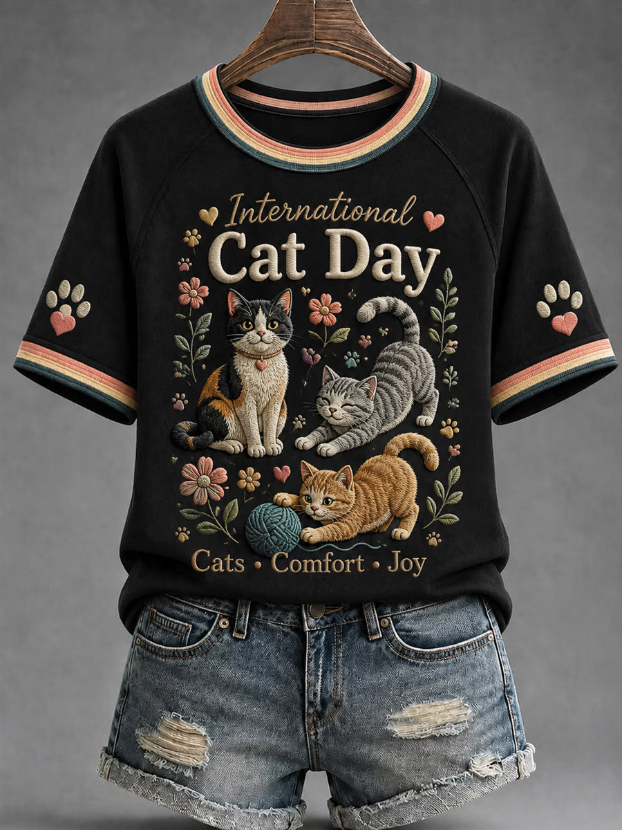 Women’s International Cat Day Printed Casual T-Shirt