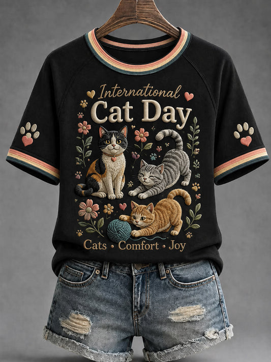 Women’s International Cat Day Printed Casual T-Shirt