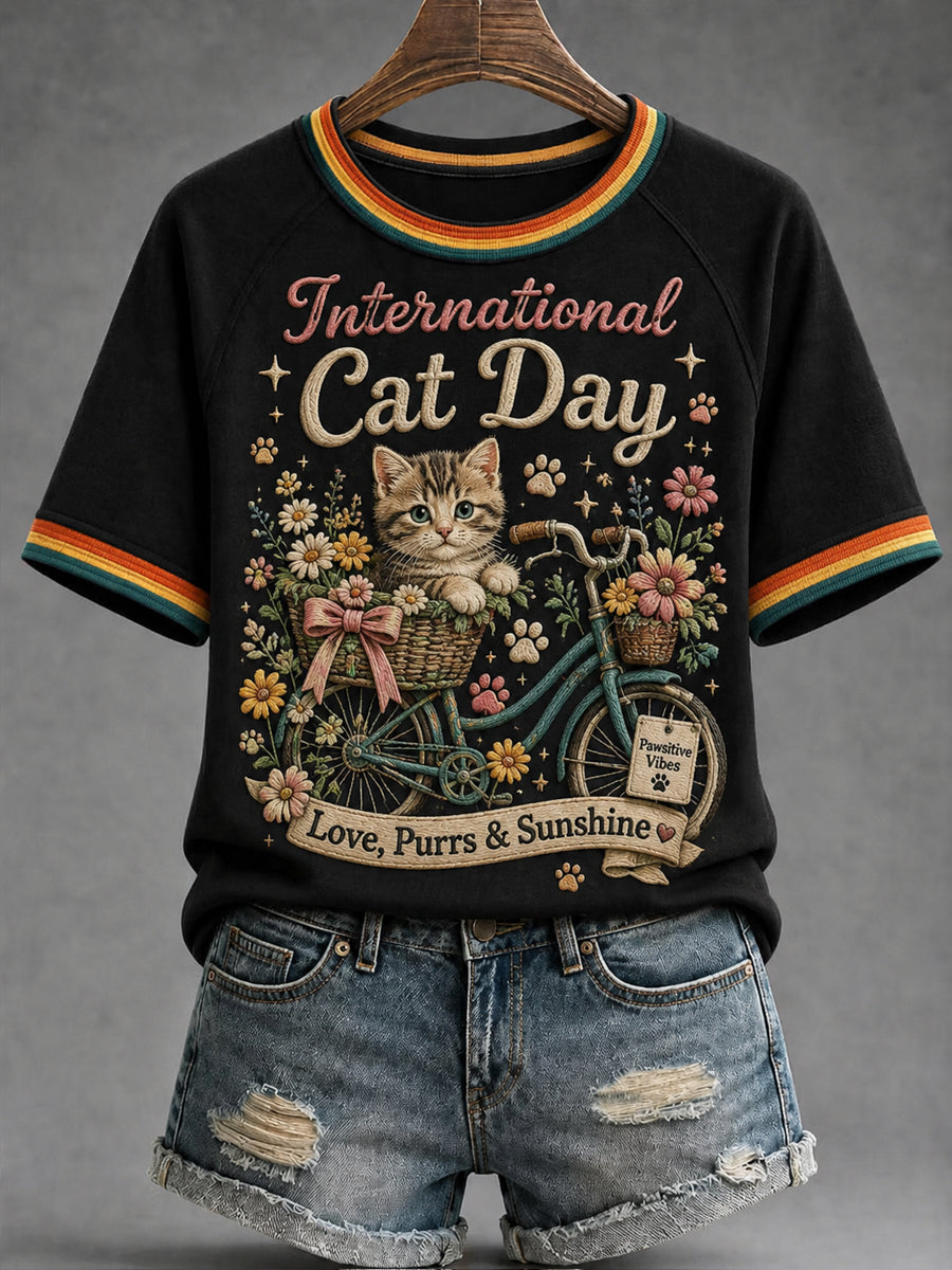 Women’s International Cat Day Printed Casual T-Shirt