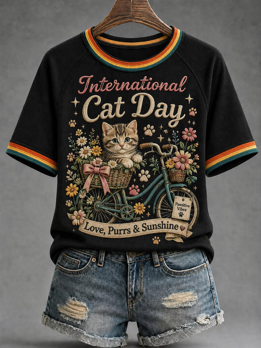 Women’s International Cat Day Printed Casual T-Shirt