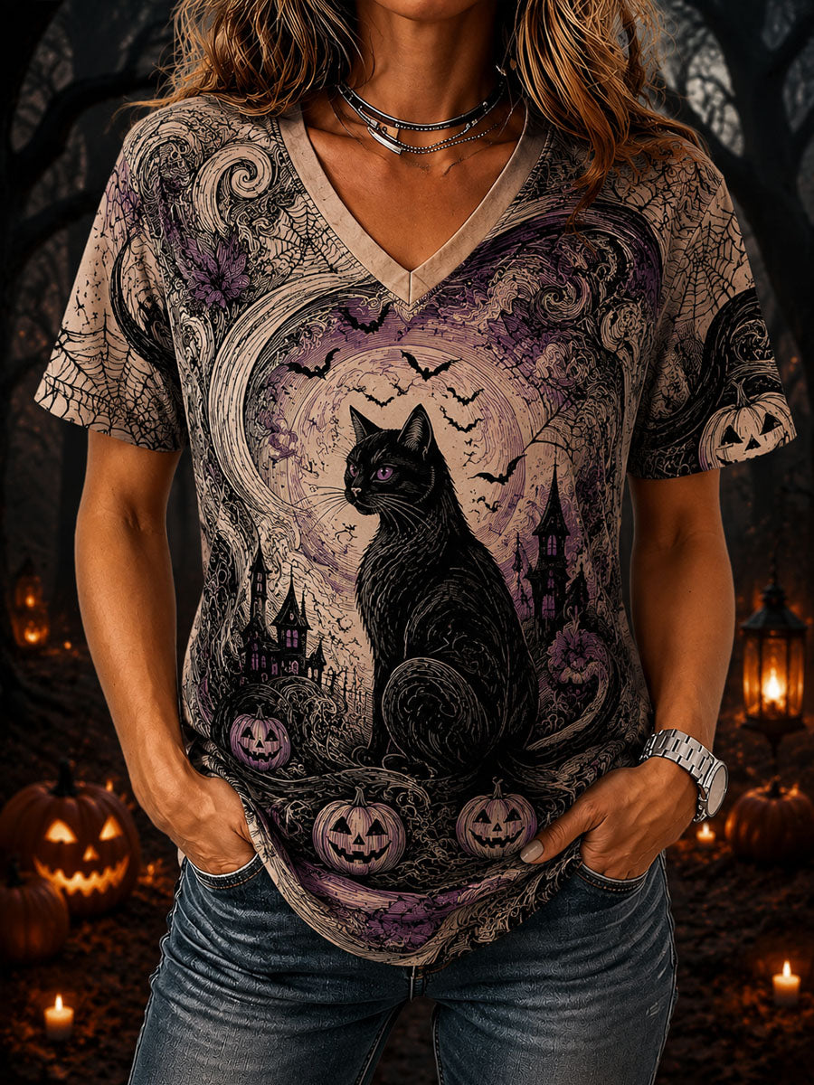 Women’ Halloween Black Cat Printed Casual Short-Sleeve T-Shirt