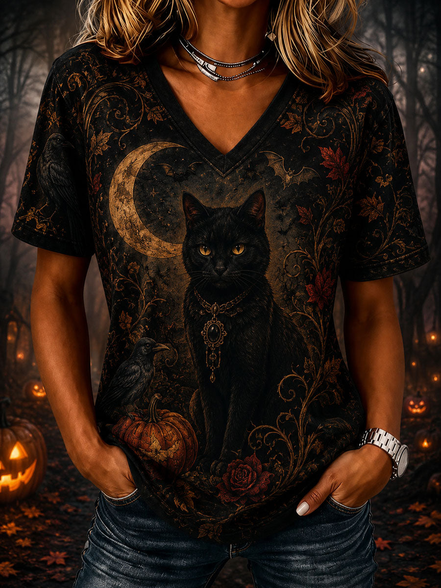 Women’ Halloween Black Cat Printed Casual Short-Sleeve T-Shirt