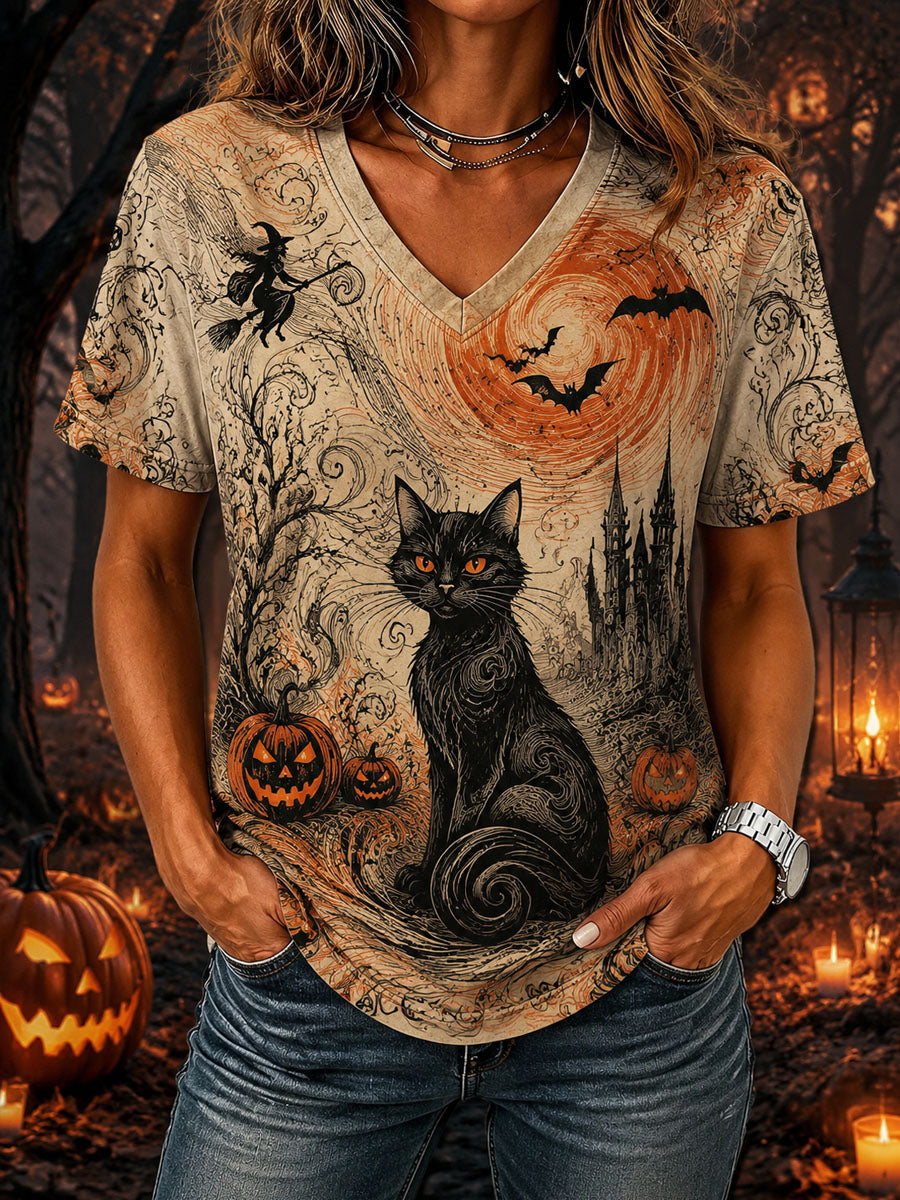 Women’ Halloween Black Cat Printed Casual Short-Sleeve T-Shirt