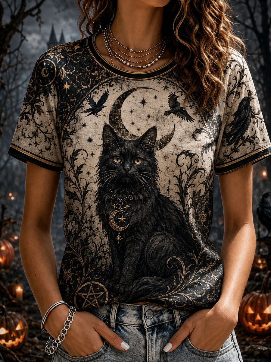 Women’ Halloween Black Cat Printed Casual Short-Sleeve T-Shirt