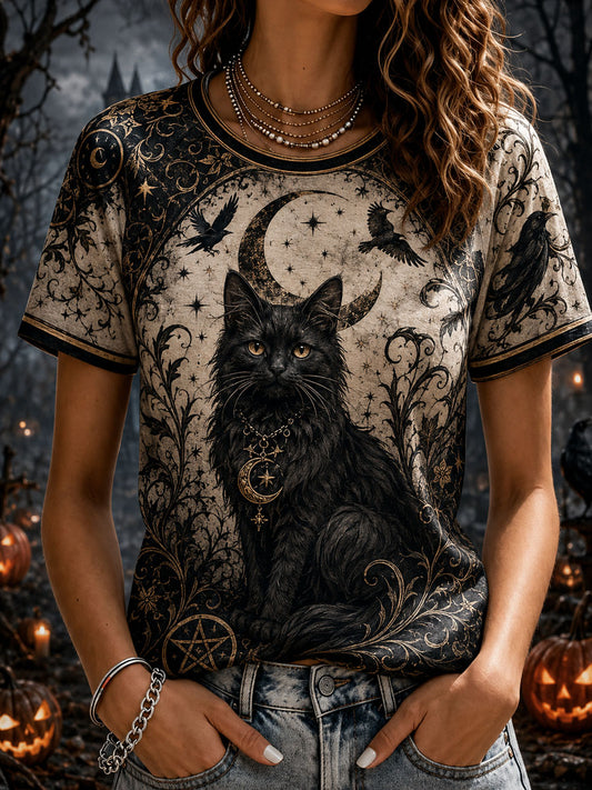 Women’ Halloween Black Cat Printed Casual Short-Sleeve T-Shirt