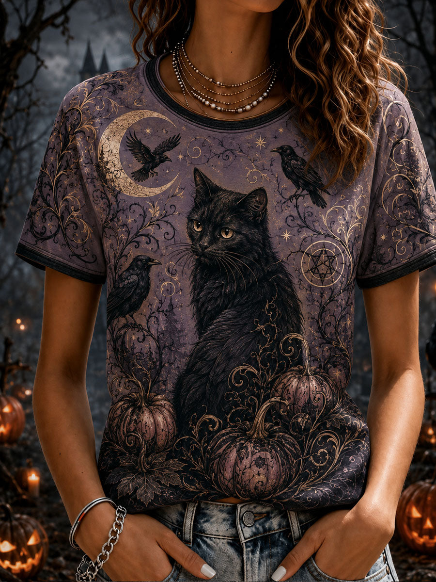 Women’ Halloween Black Cat Printed Casual Short-Sleeve T-Shirt