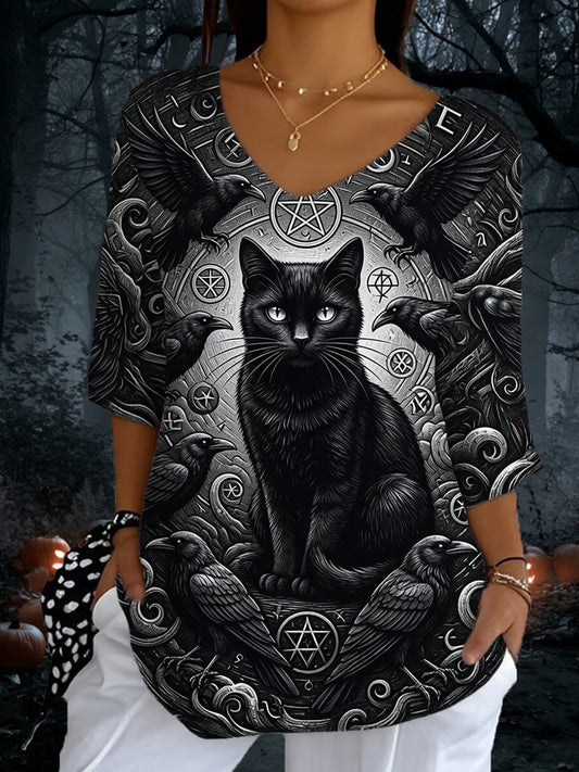 Women’ Halloween Black Cat Printed Casual Short-Sleeve T-Shirt
