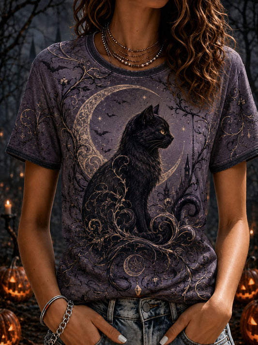 Women’ Halloween Black Cat Printed Casual Short-Sleeve T-Shirt
