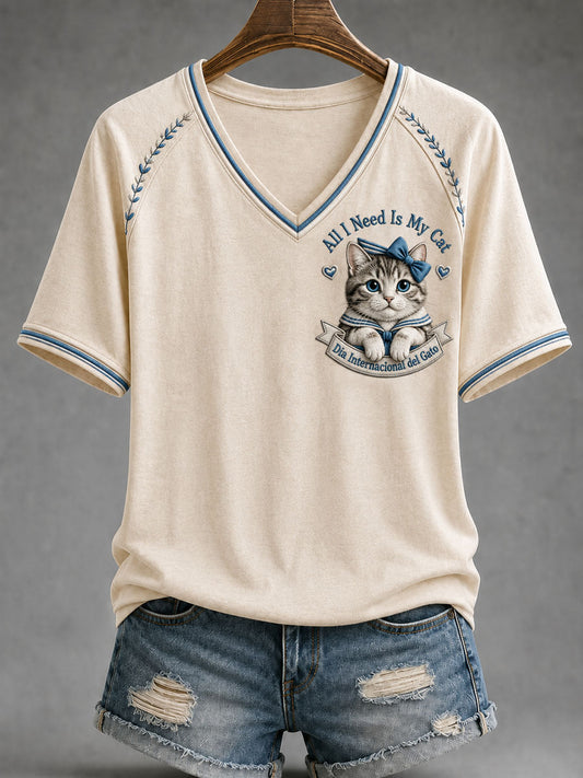 Women’s International Cat Day Art Print Loose-Fit Floral Casual T-Shirt