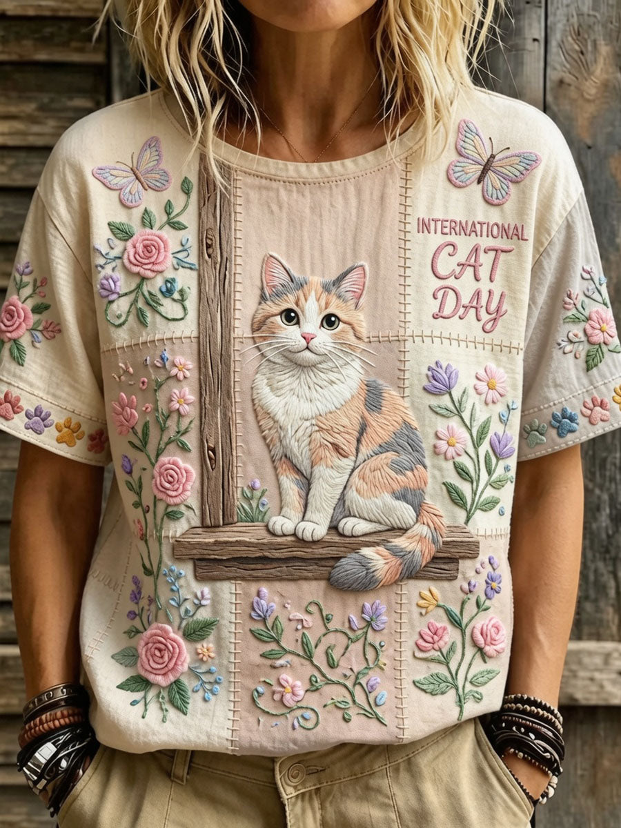 Women’s International Cat Day Art Print Casual Short-Sleeve T-Shirt