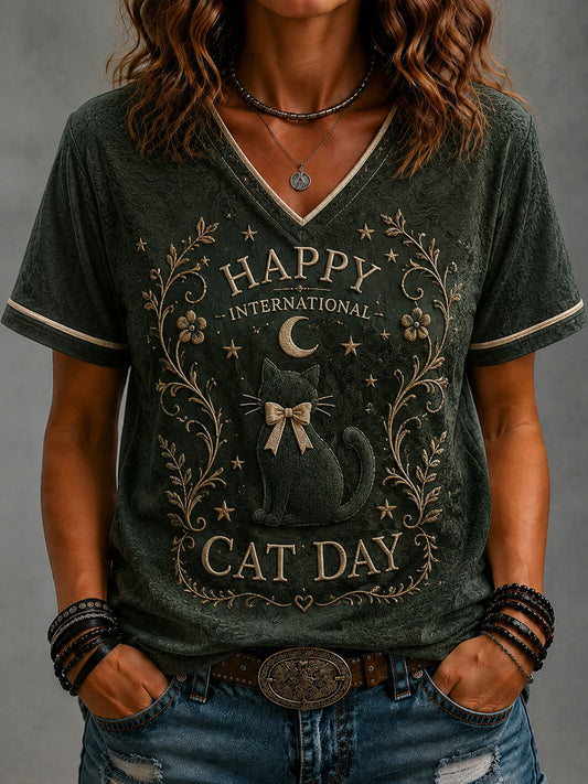 Women’s Cat Art Print Casual Short-Sleeve T-Shirt